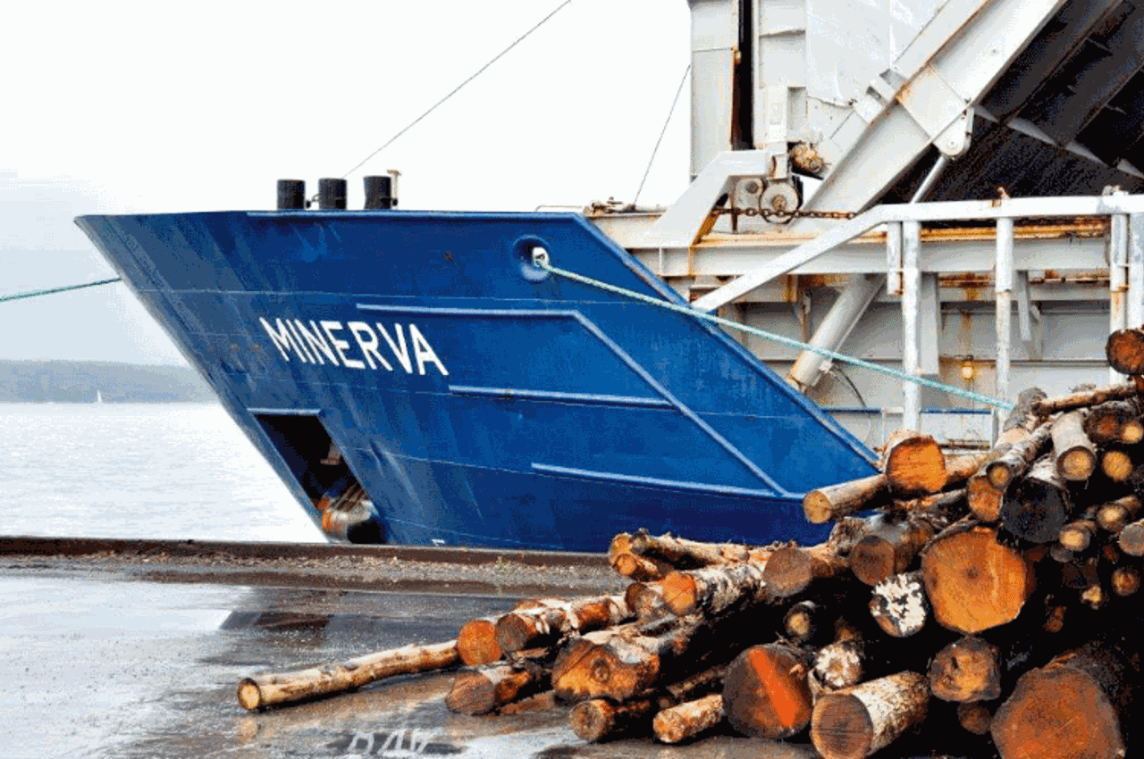 Boat docked by pile of timber